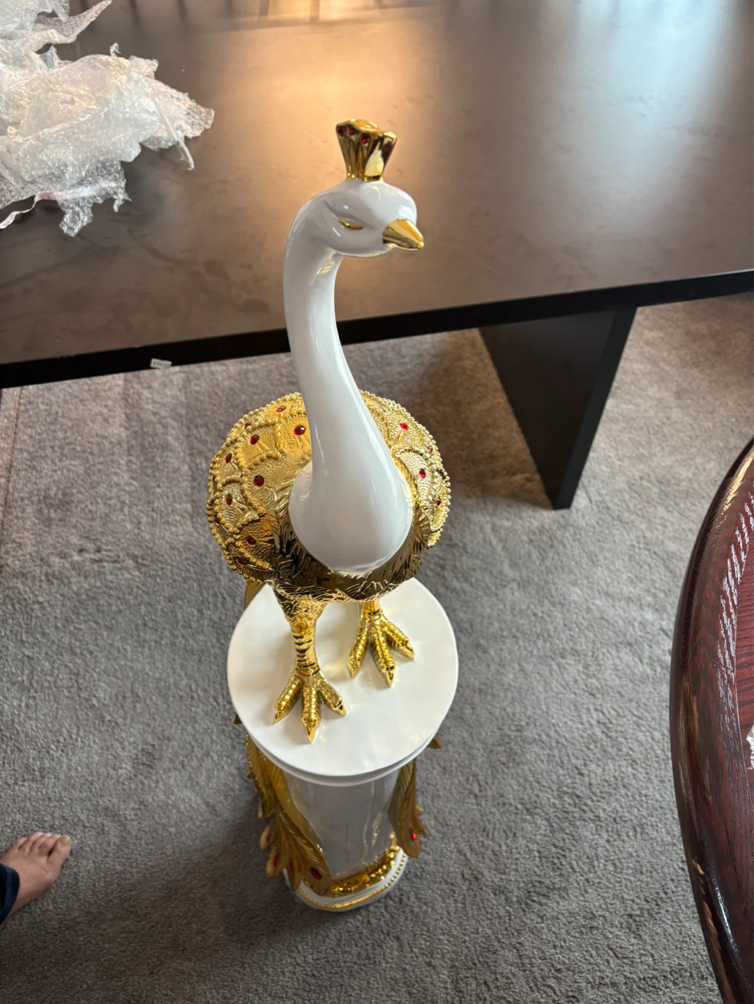 Gold and White Decorative Peacock Figurine with Red Gem Accents
