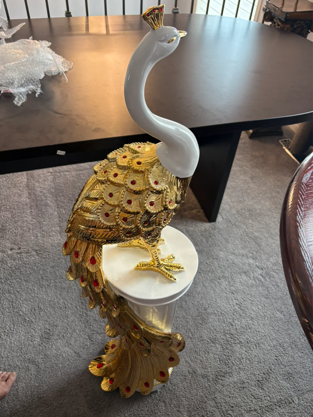 Gold and White Decorative Peacock Figurine with Red Gem Accents - photo 3