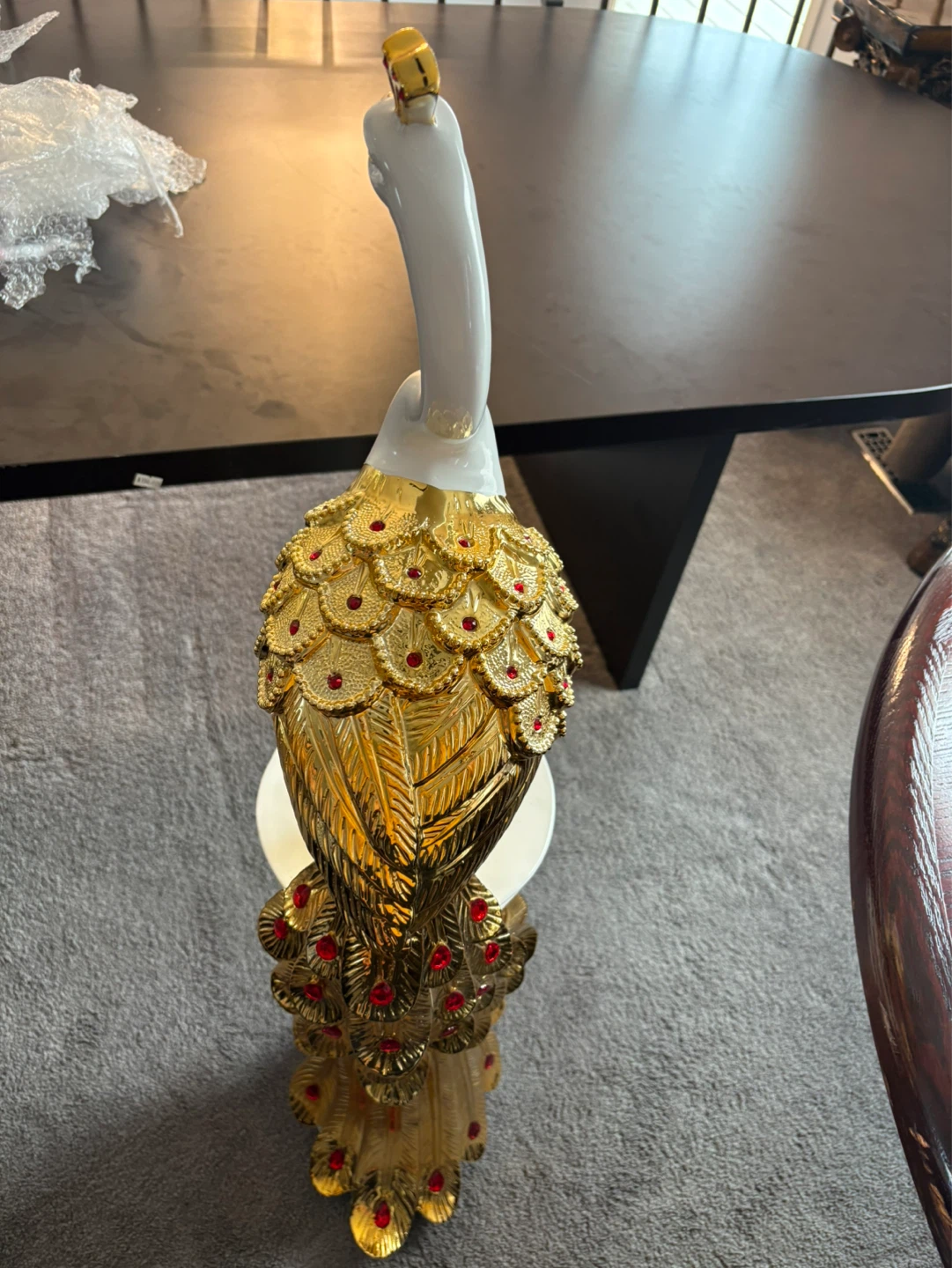 Gold and White Decorative Peacock Figurine with Red Gem Accents - photo 4