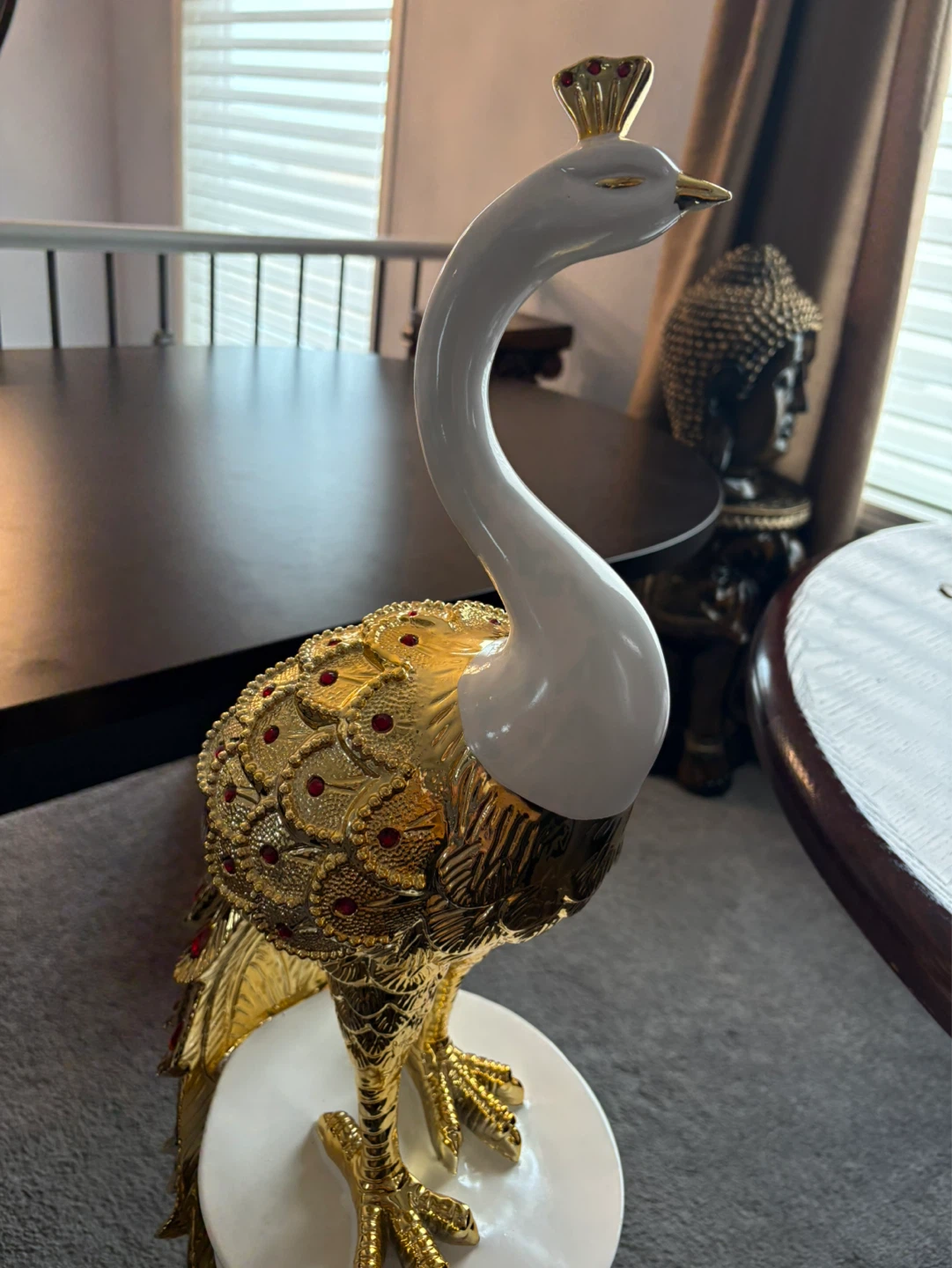 Gold and White Decorative Peacock Figurine with Red Gem Accents - photo 2