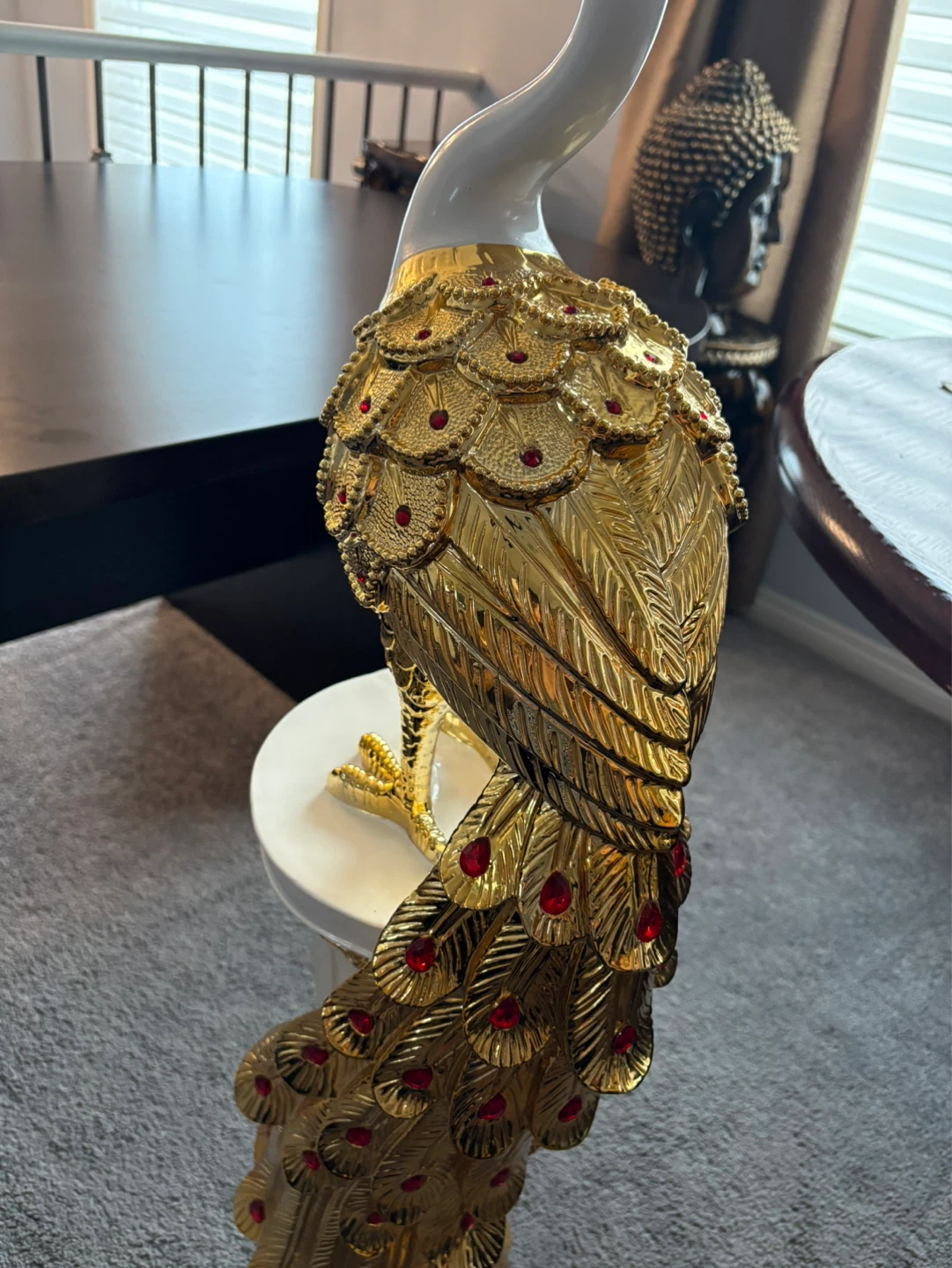 Gold and White Decorative Peacock Figurine with Red Gem Accents - photo 5