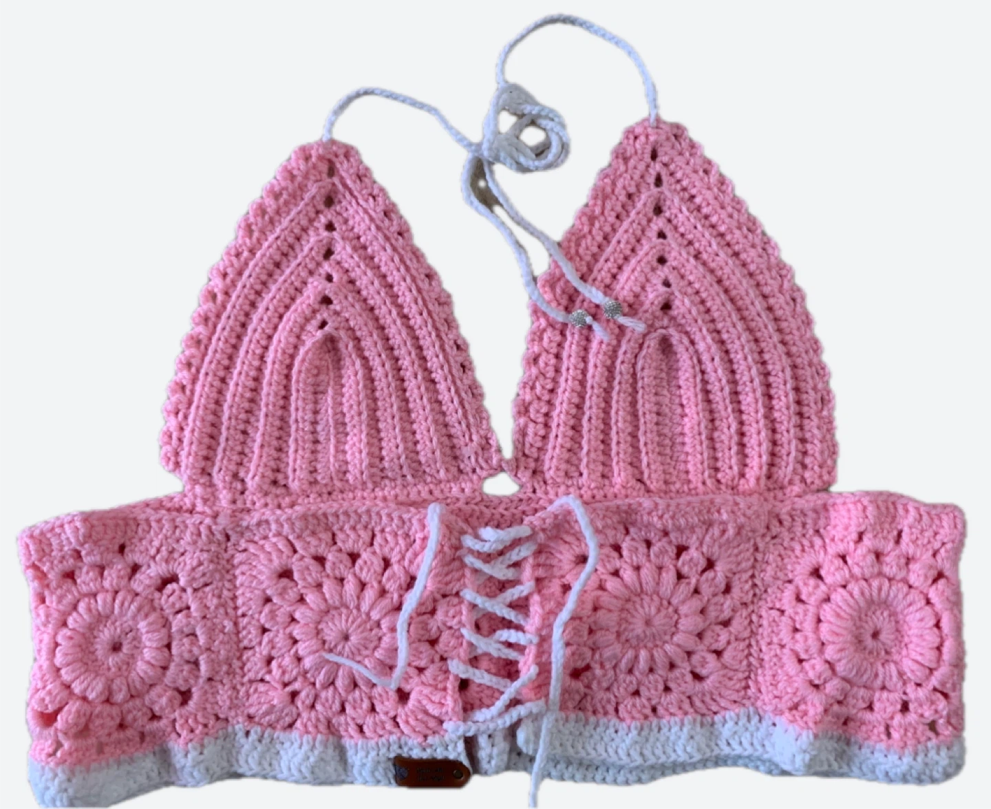 Pink Crochet Halter Top with Rhinestone Detail