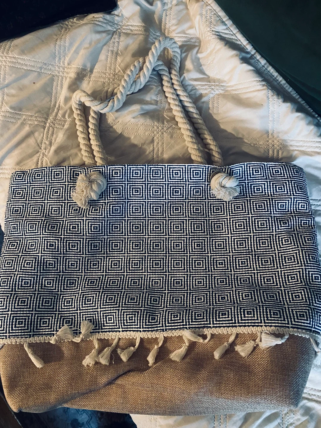 Tote Bag with Geometric Pattern and Rope Handles