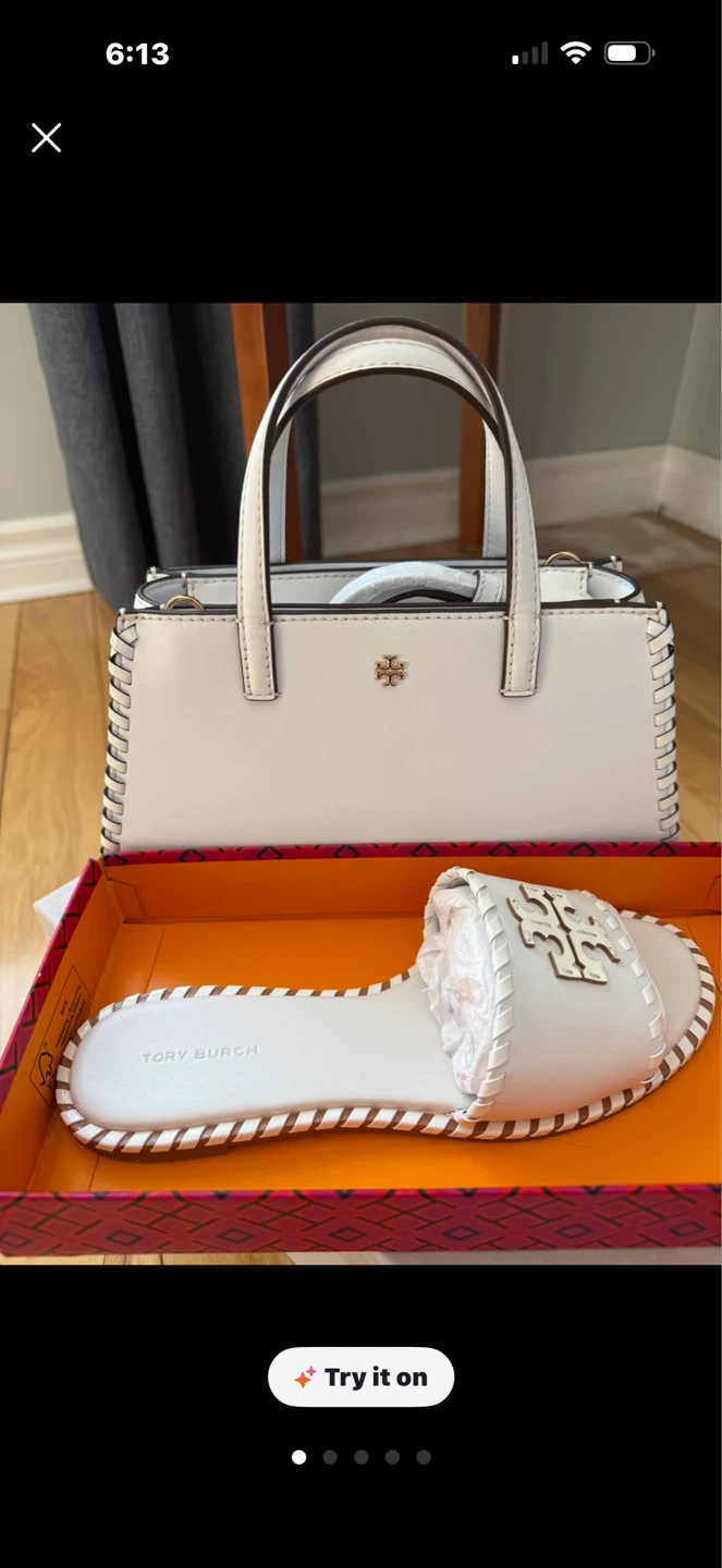Tory Burch White Leather Slides & Handbag Set