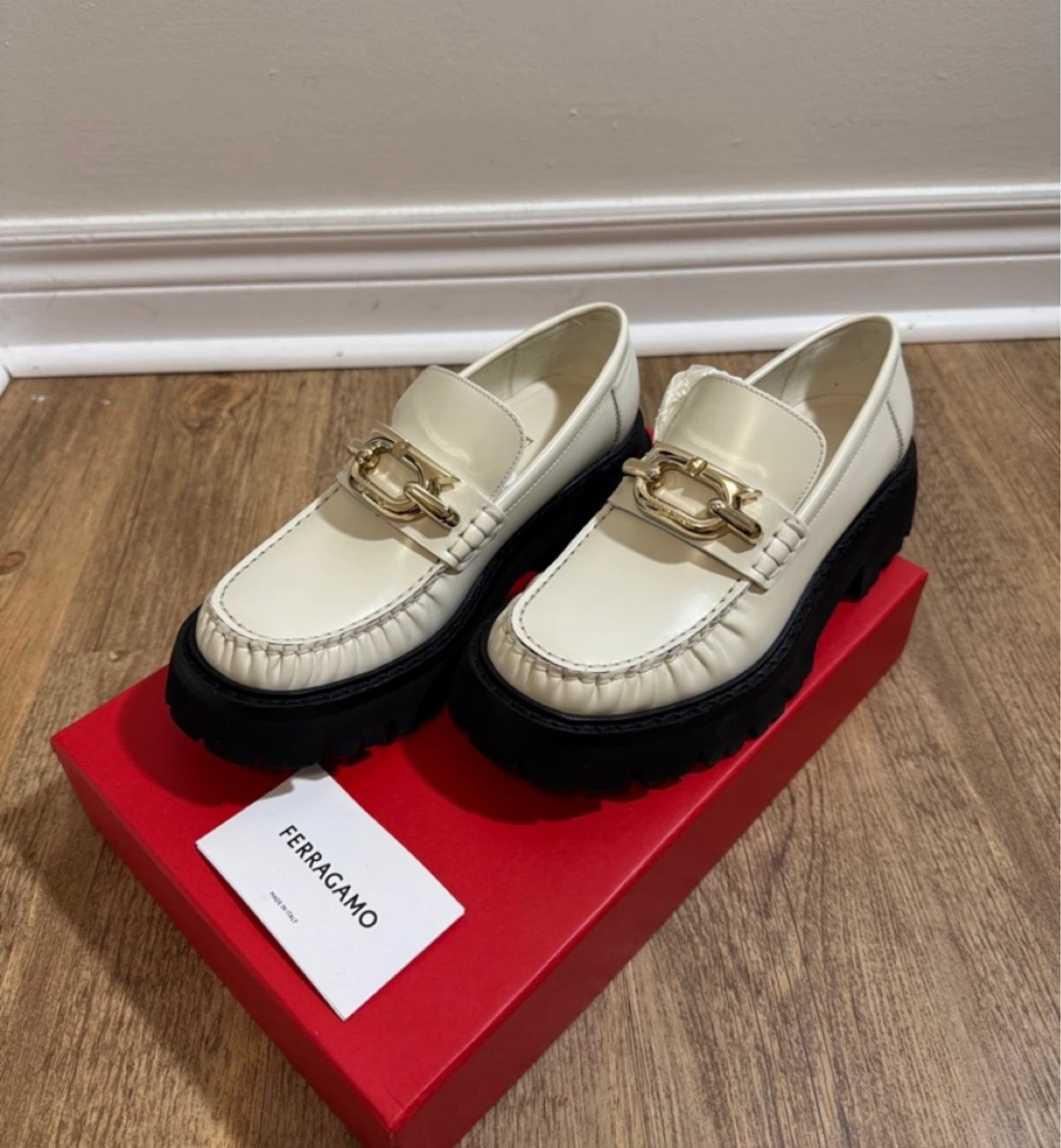 Salvatore Ferragamo Ingrid Loafers - White/Black, Size 7.5