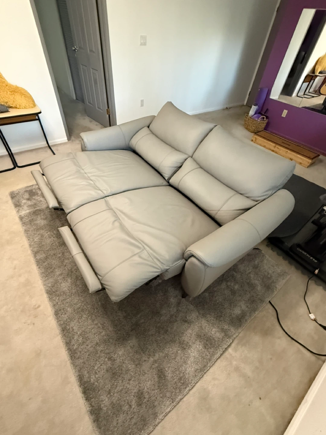 Grey Leather Reclining Sofa with USB Ports