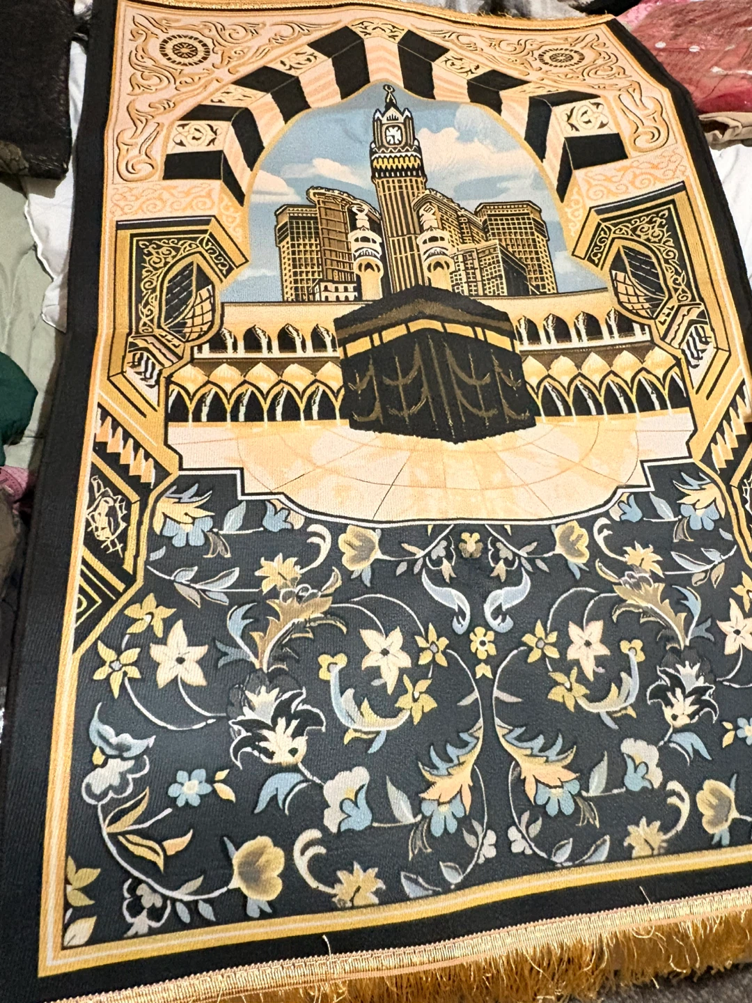 Islamic Prayer Rug with Kaaba and Clock Tower Design