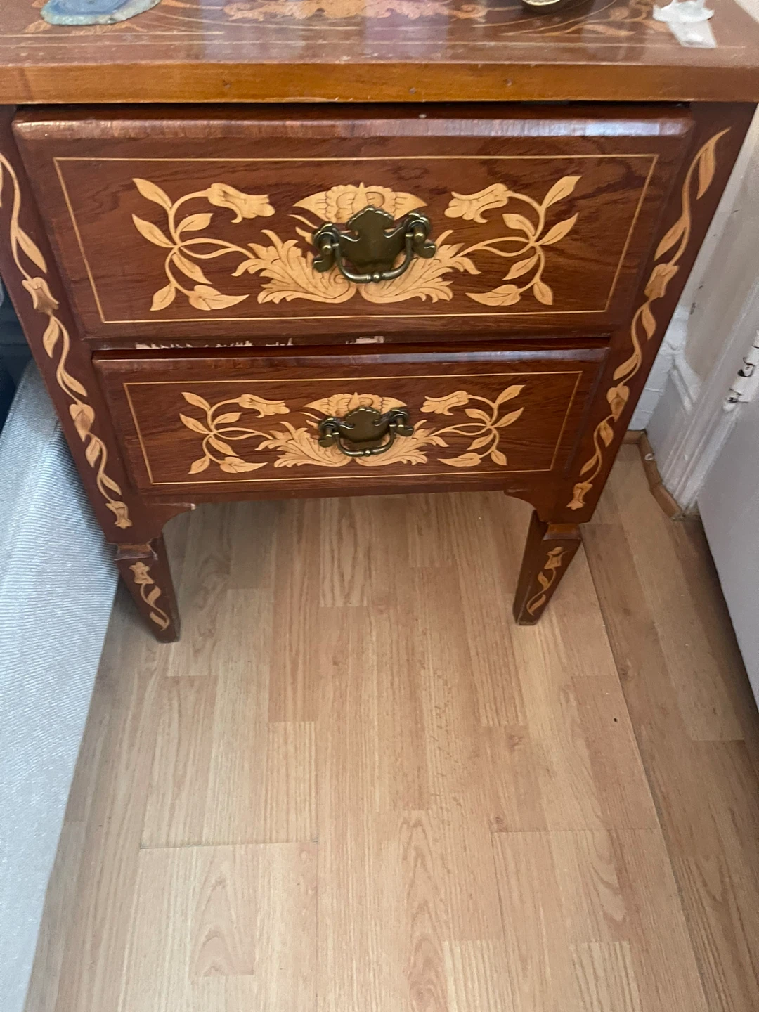 2 pieces. Vintage Inlaid Wood Nightstand with 2 Drawers