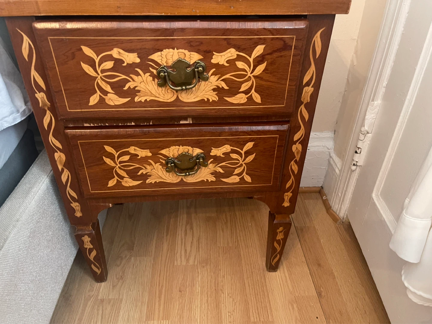 2 pieces. Vintage Inlaid Wood Nightstand with 2 Drawers - photo 2