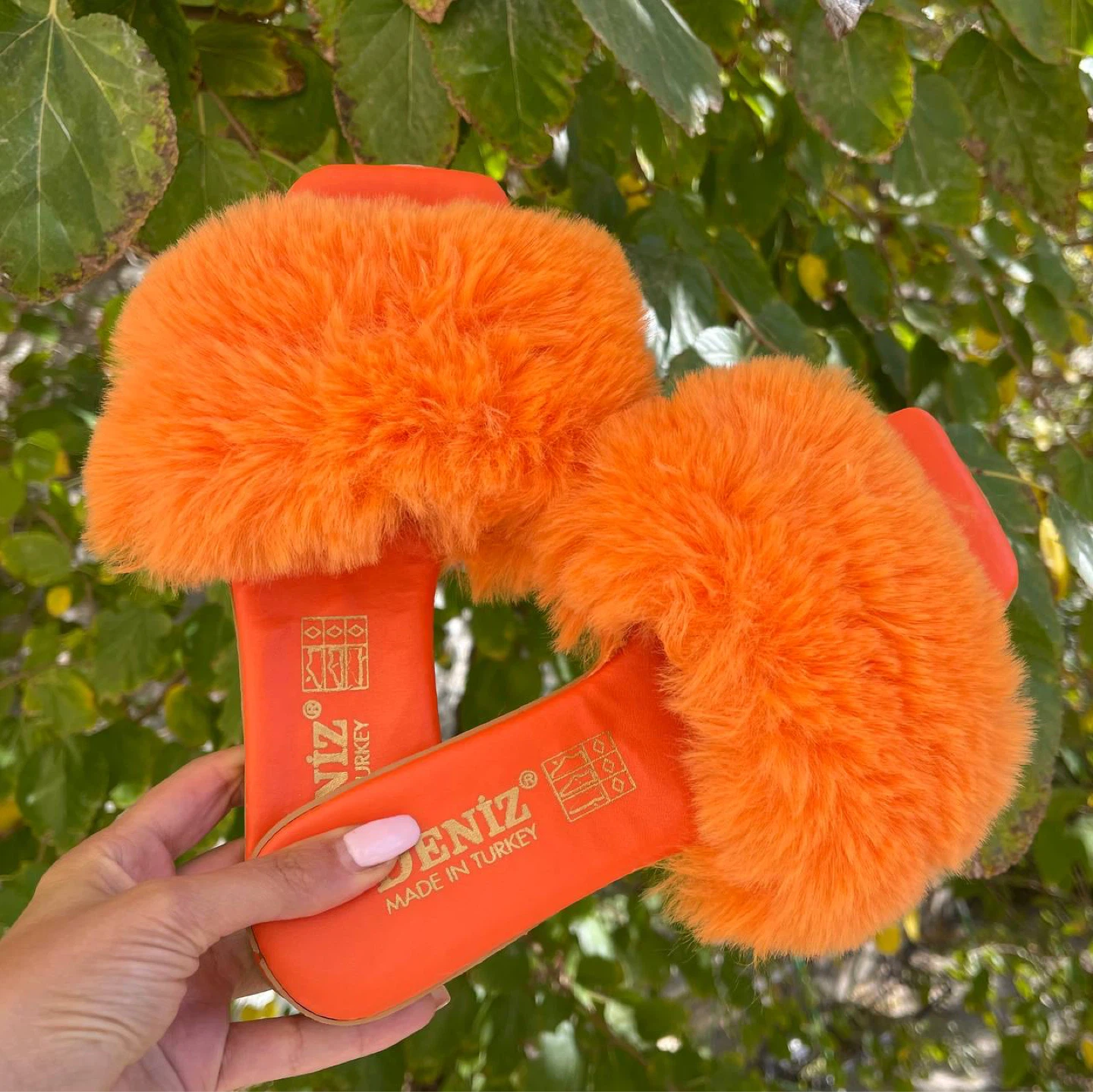 Orange Faux Fur Slides