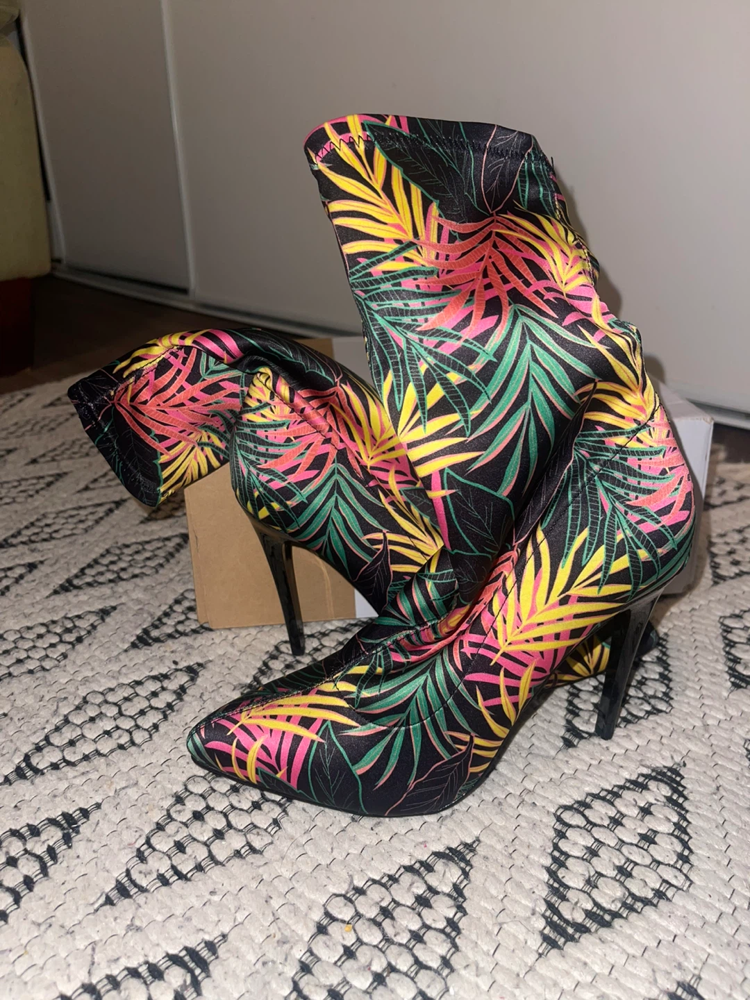 Women's Black Tropical Print Stiletto Booties