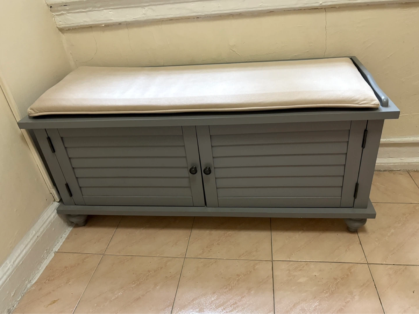 Gray Farmhouse Window Bench with Velvet Cushio
