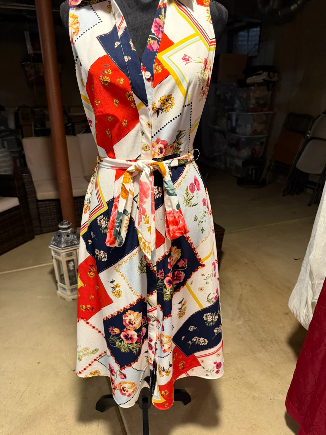 Patchwork Floral Sleeveless Shirt Dress with Belt - photo 4