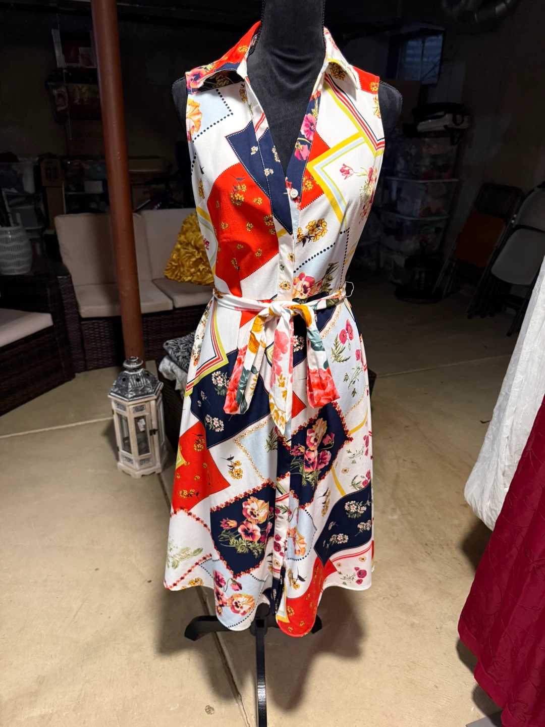 Patchwork Floral Sleeveless Shirt Dress with Belt - photo 2