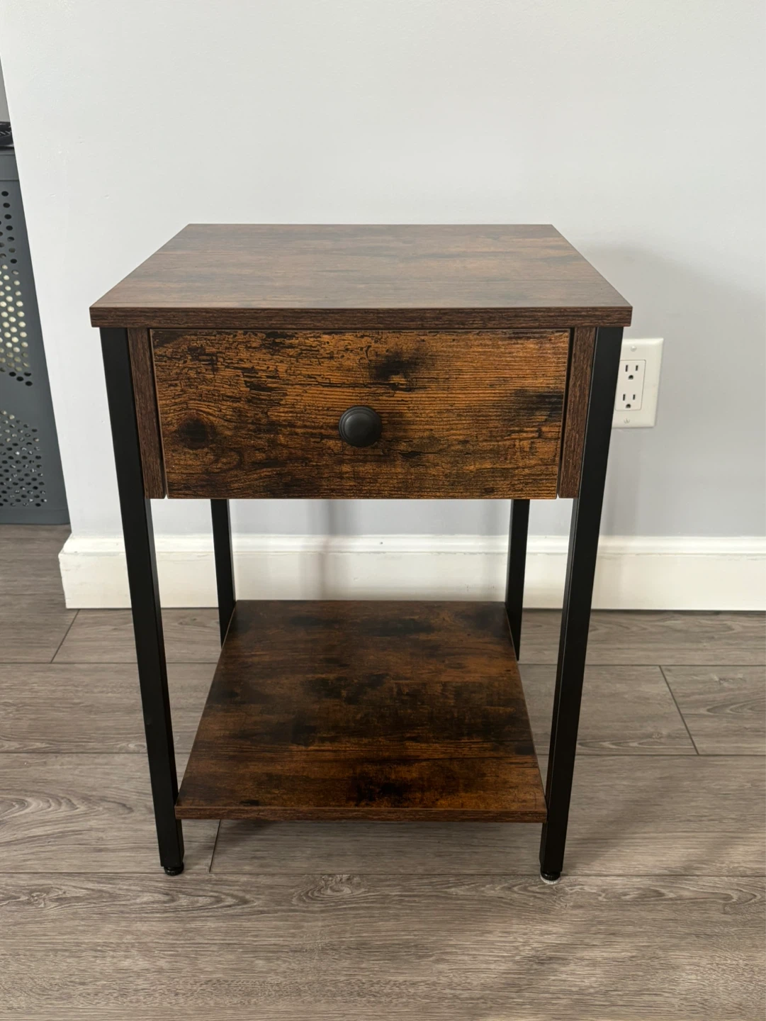2-Tier Rustic Brown Nightstand with Drawer