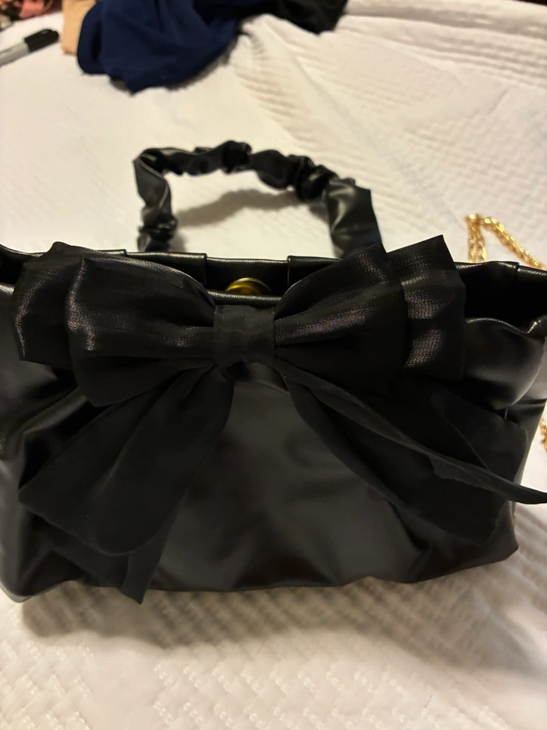 Black Ruched Handle Handbag with Bow - photo 2