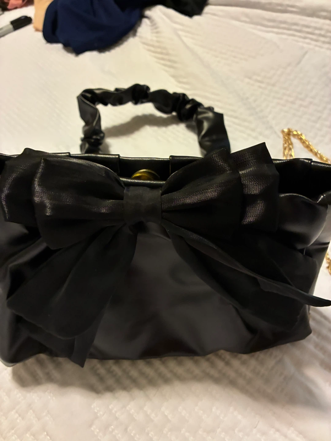 Black Ruched Handle Handbag with Bow - photo 3