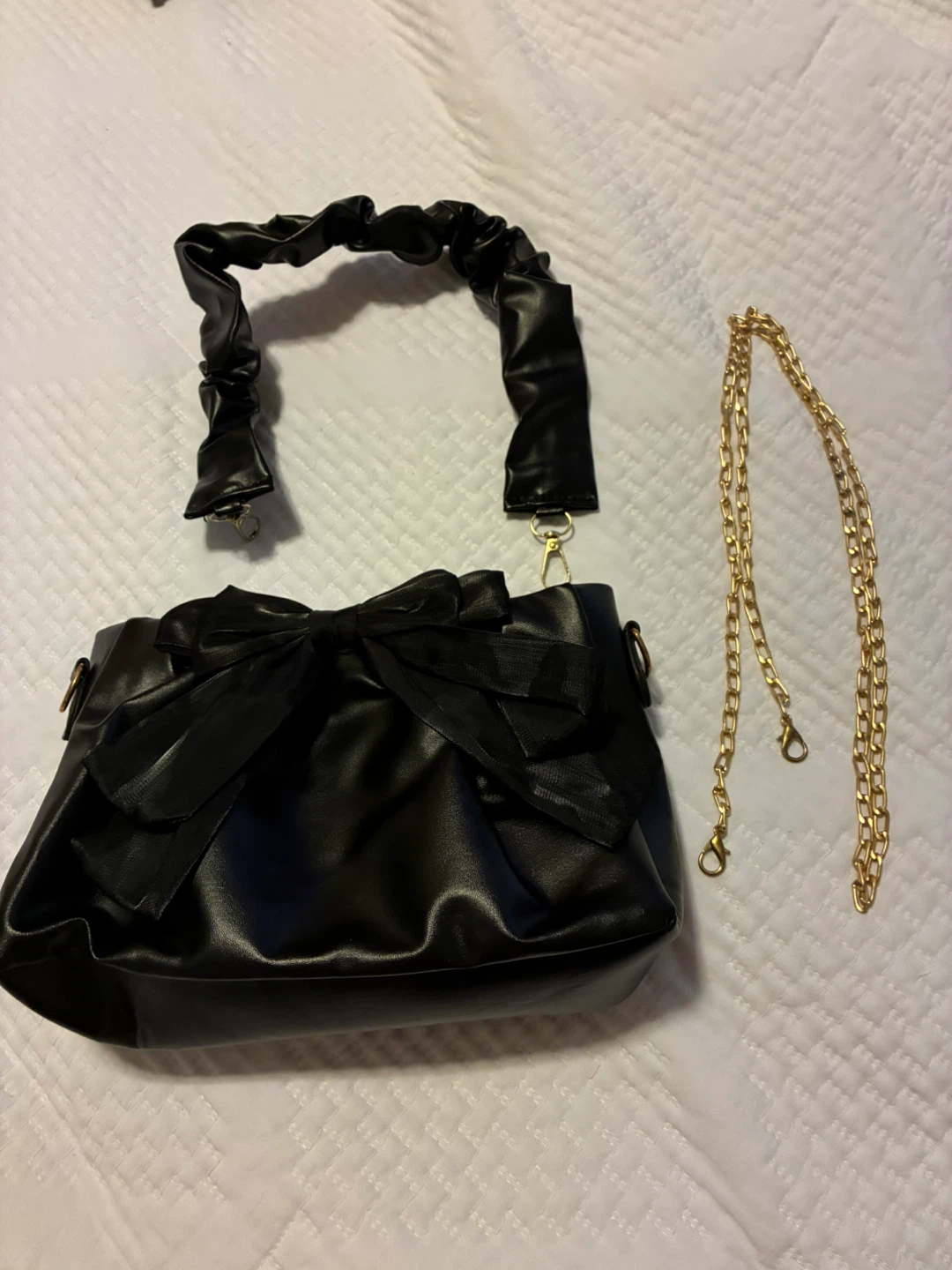 Black Ruched Handle Handbag with Bow