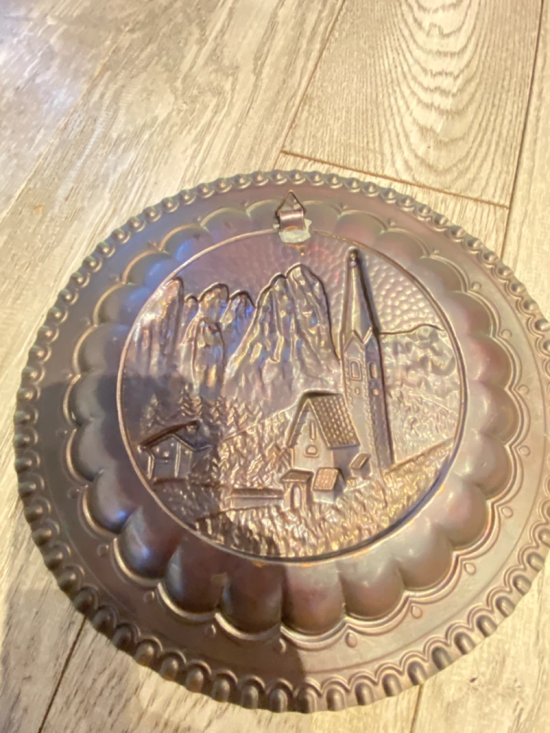 Vintage Embossed Metal Wall Plate with Alpine Village Scene - photo 2