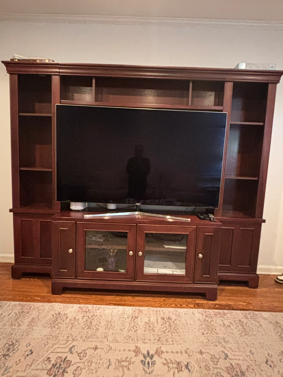 Dark Cherry Wood Entertainment Center with Shelving