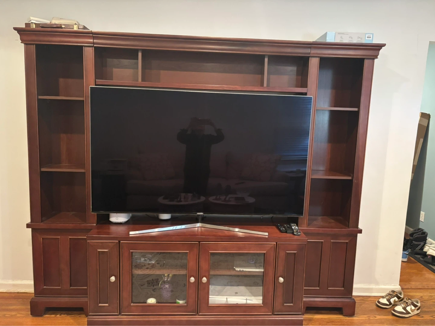Dark Cherry Wood Entertainment Center with Shelving - photo 4
