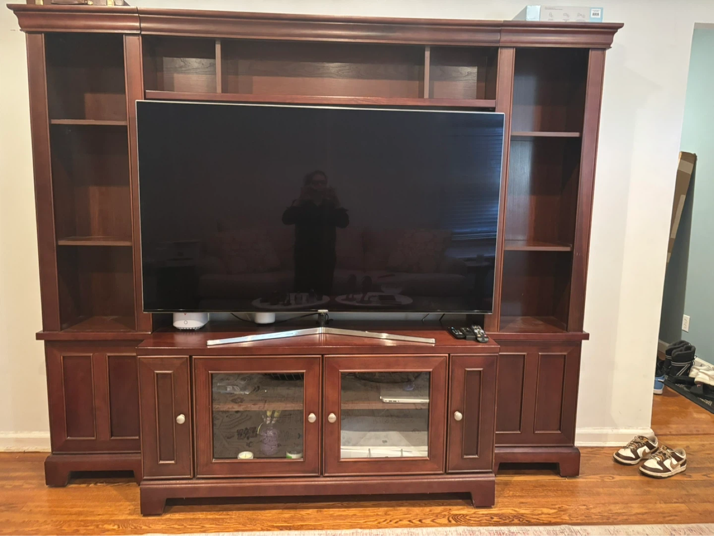 Dark Cherry Wood Entertainment Center with Shelving - photo 5