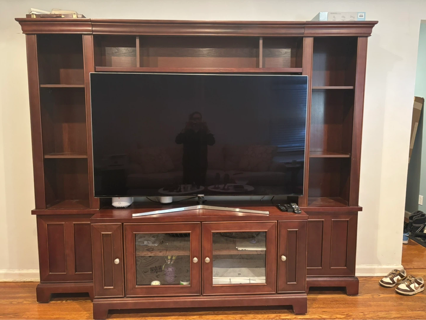Dark Cherry Wood Entertainment Center with Shelving - photo 3