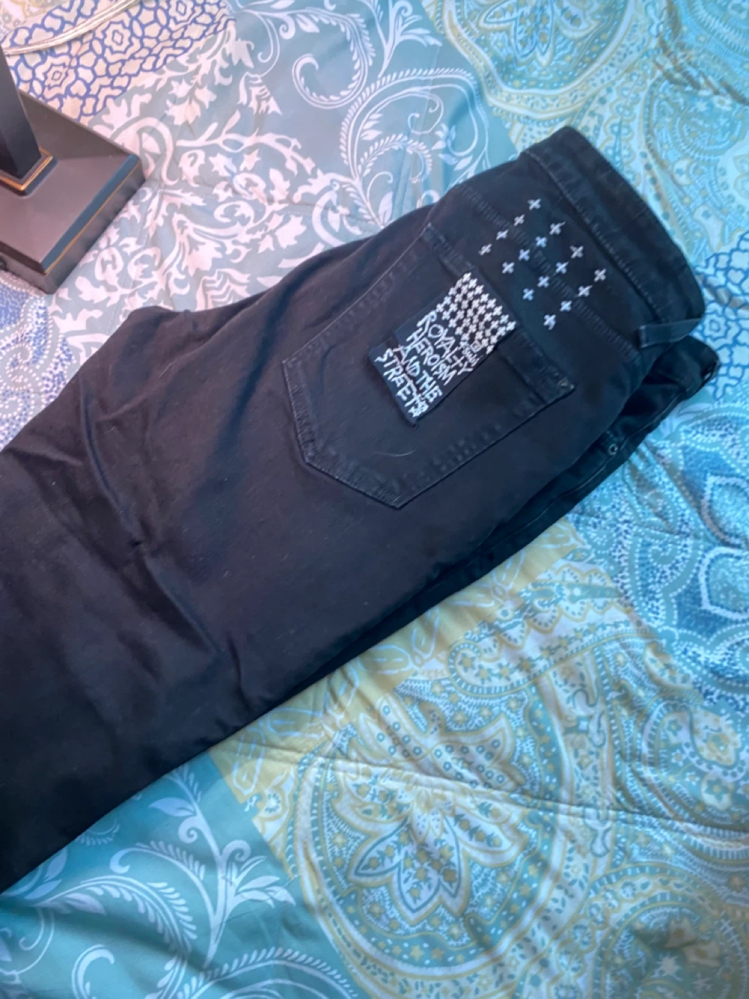 Black Jeans with Cross and Patch Detail