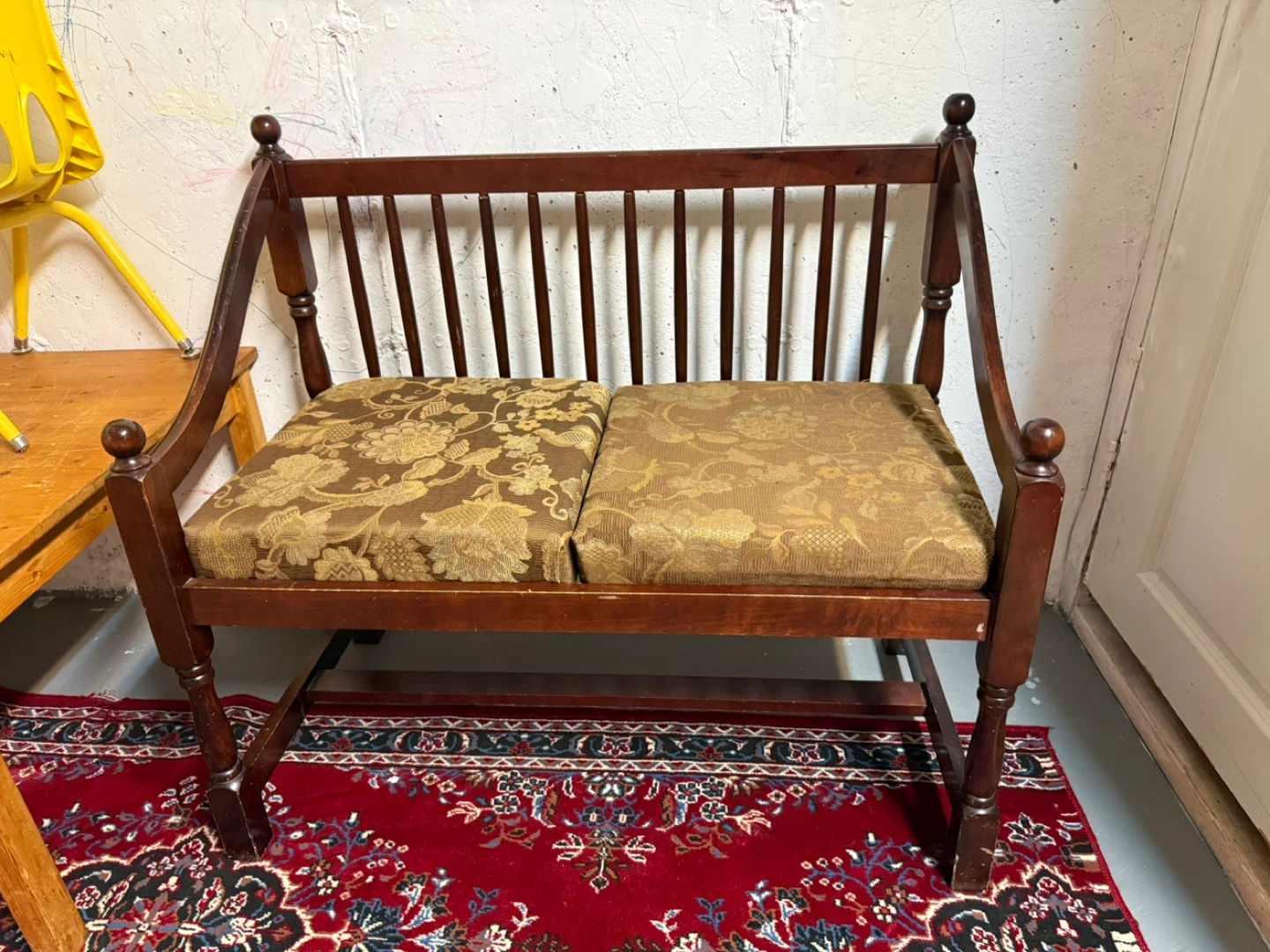 Vintage Spindle Back Settee with Floral Upholstery