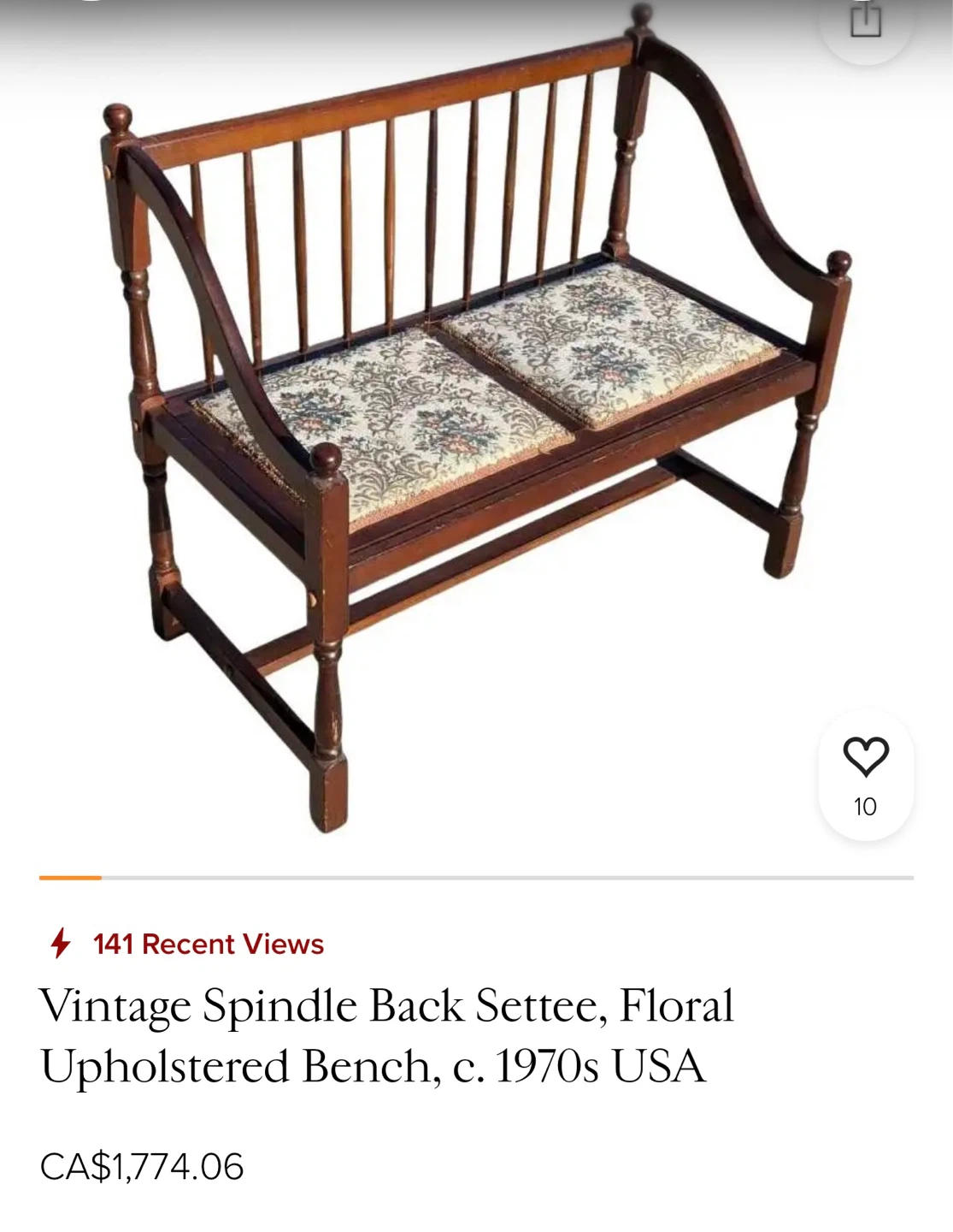 Vintage Spindle Back Settee with Floral Upholstery - photo 2
