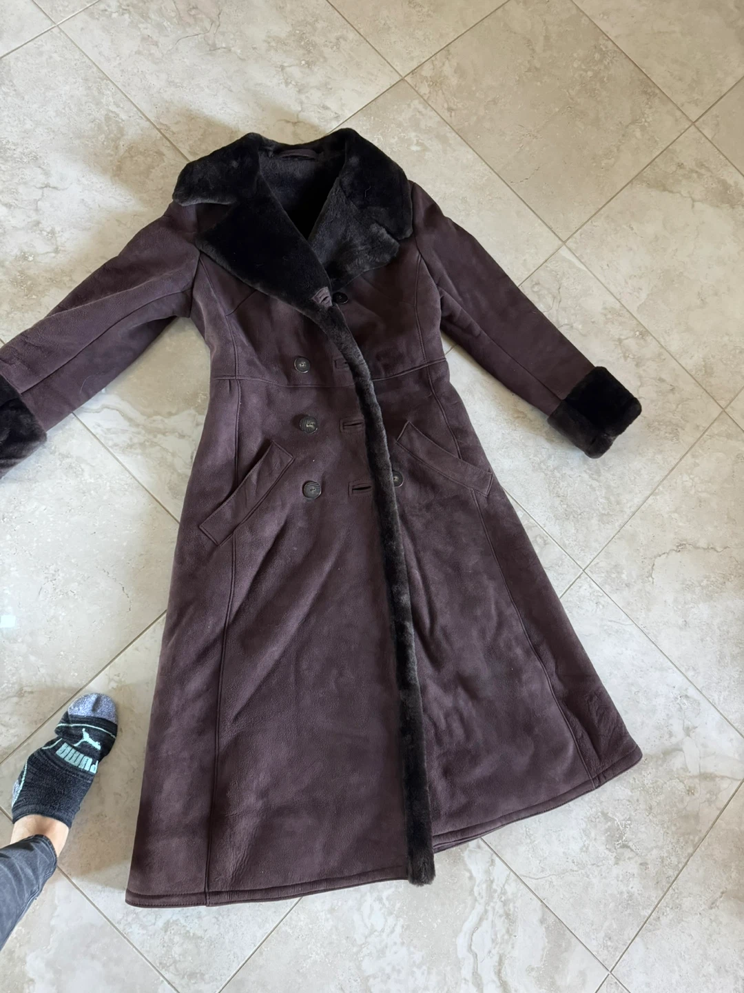 Long brown real fur /sued lined coat