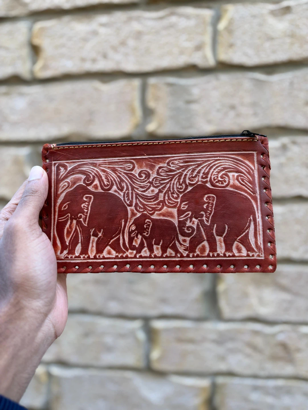 Embossed Leather Zipper Pouch - photo 2