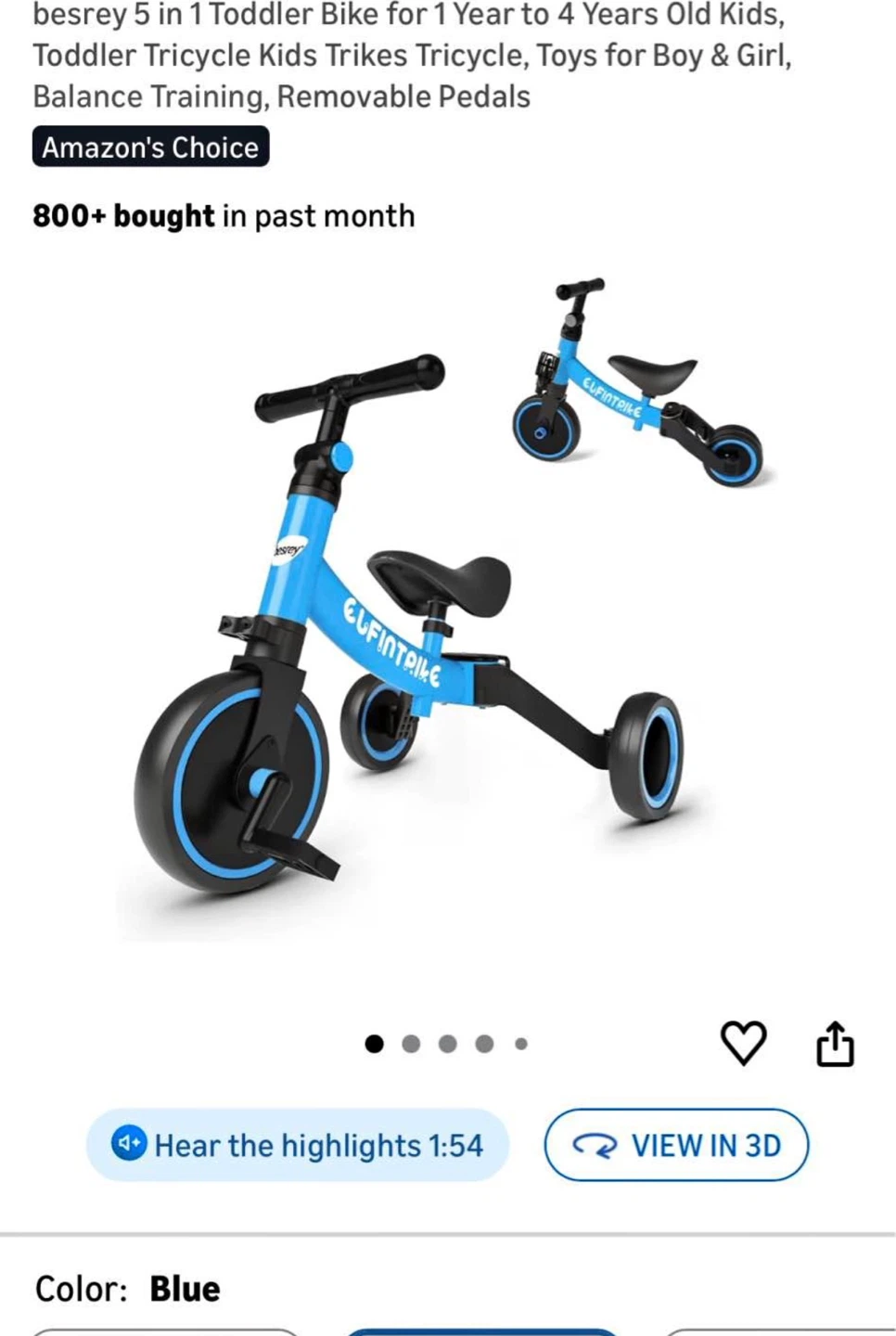 Besrey 5-in-1 Toddler Balance Bike/Tricycle - Blue