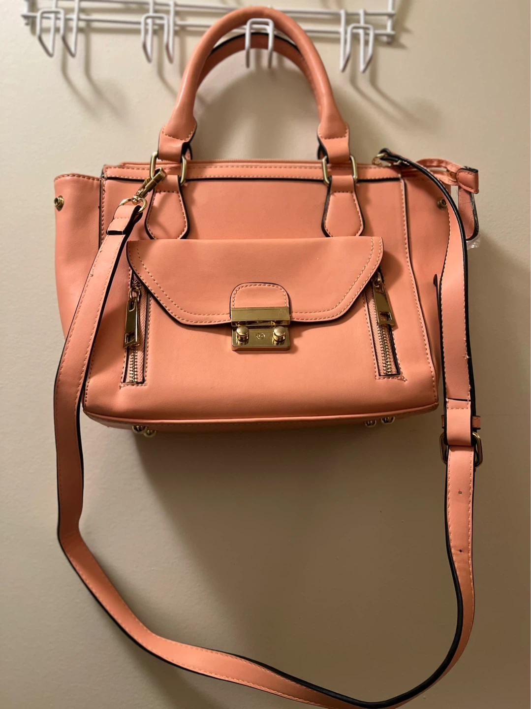 Coral Pink Satchel Handbag with Shoulder Strap