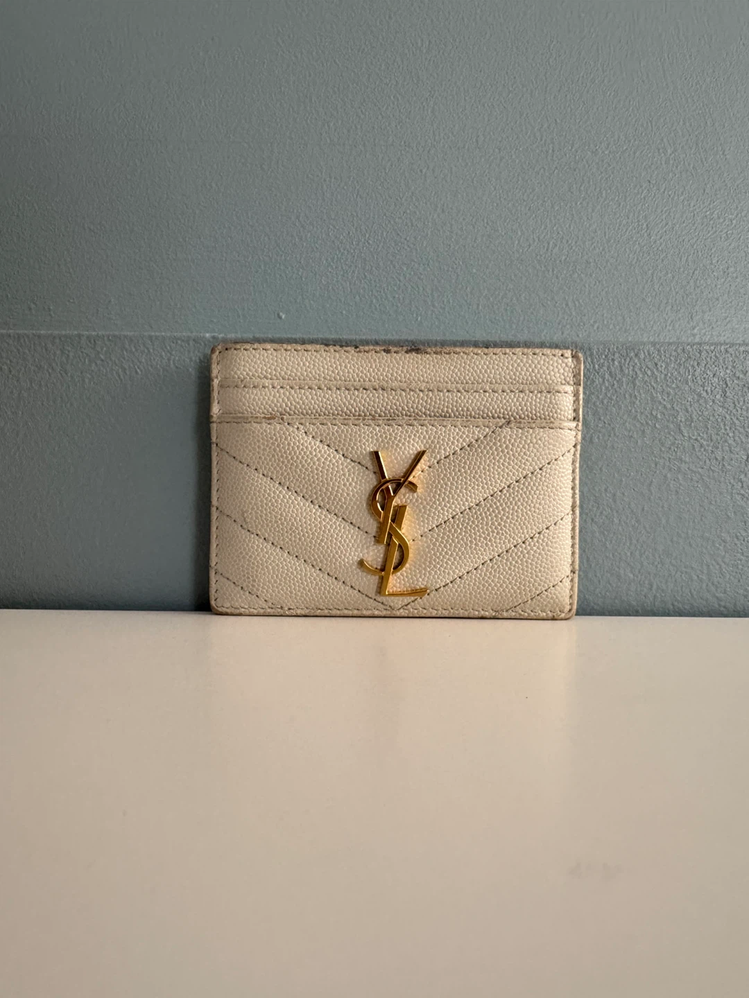 Saint Laurent Card Holder Cream Chevron Leather