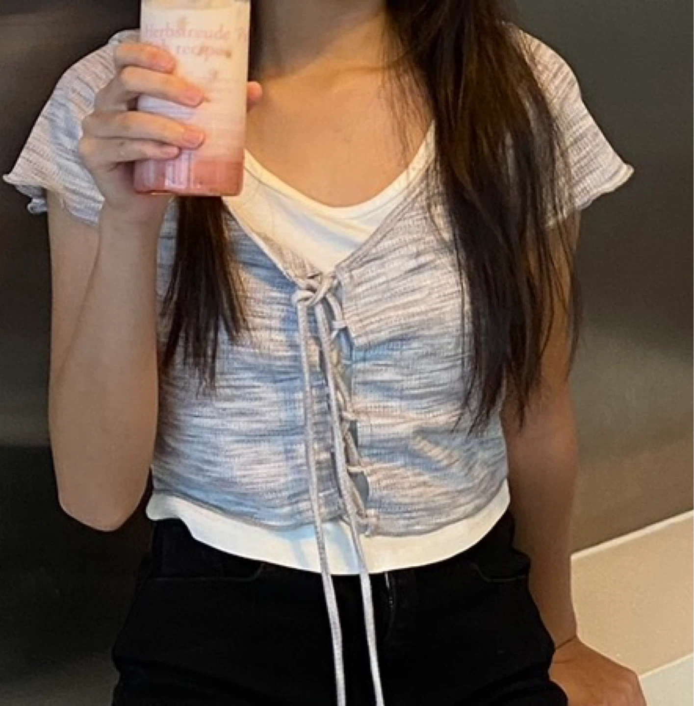(XS) Women's Grey and White Striped Ruched Crop Top
