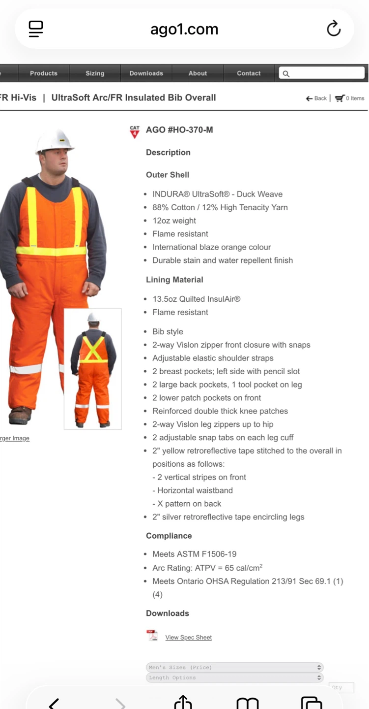 AGO ARC/FR RATES INSULATED BIB OVERALL 2XL
