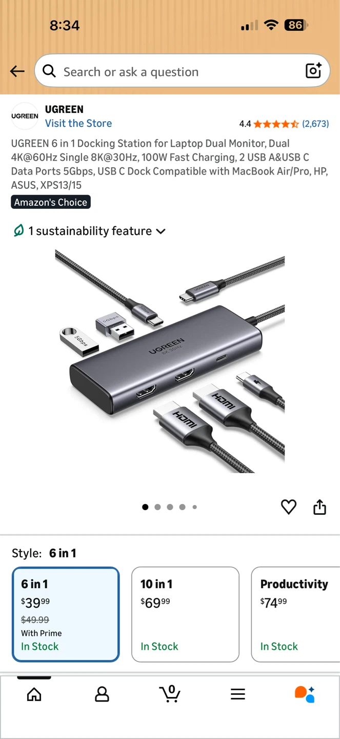 UGREEN 6-in-1 USB C Hub Docking Station