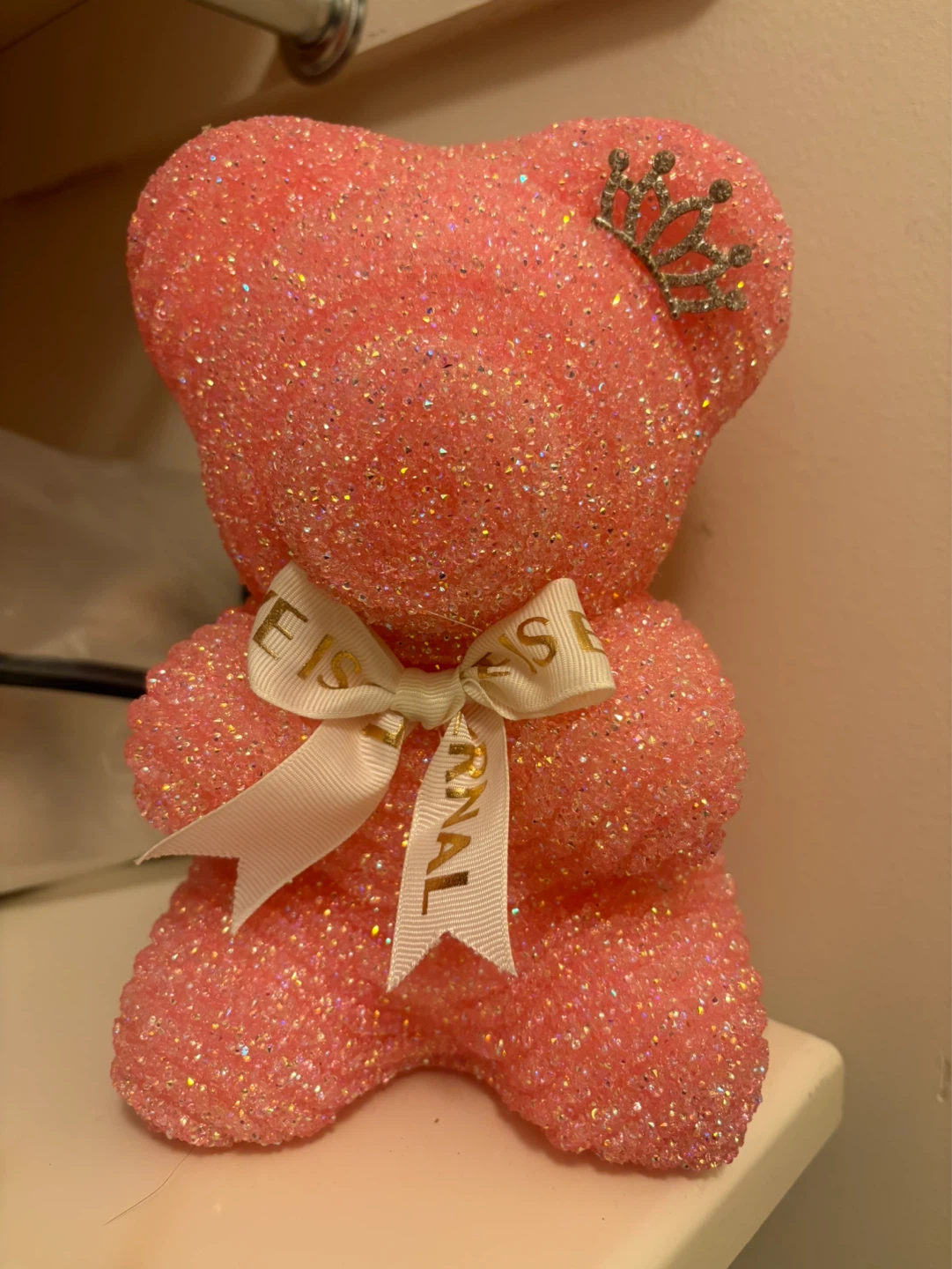 Pink Glitter Bear with Crown and "Eternal" Ribbon