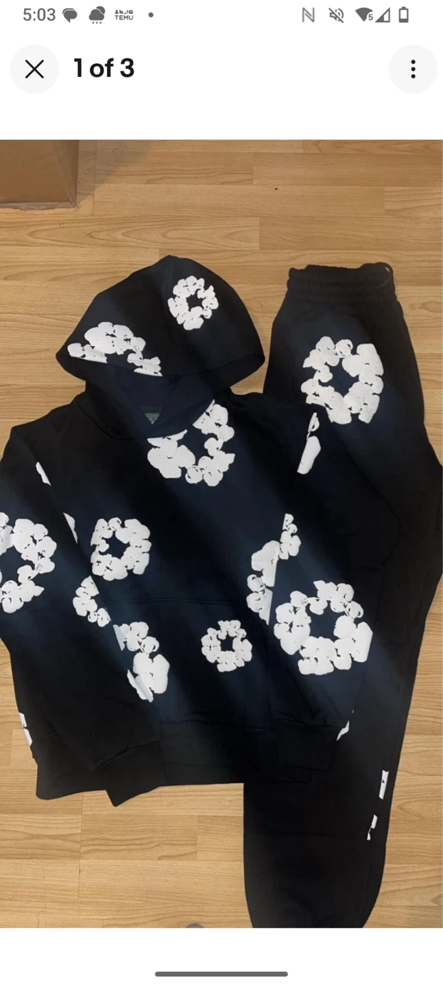 Black Hoodie and Sweatpants Set with White Floral Print