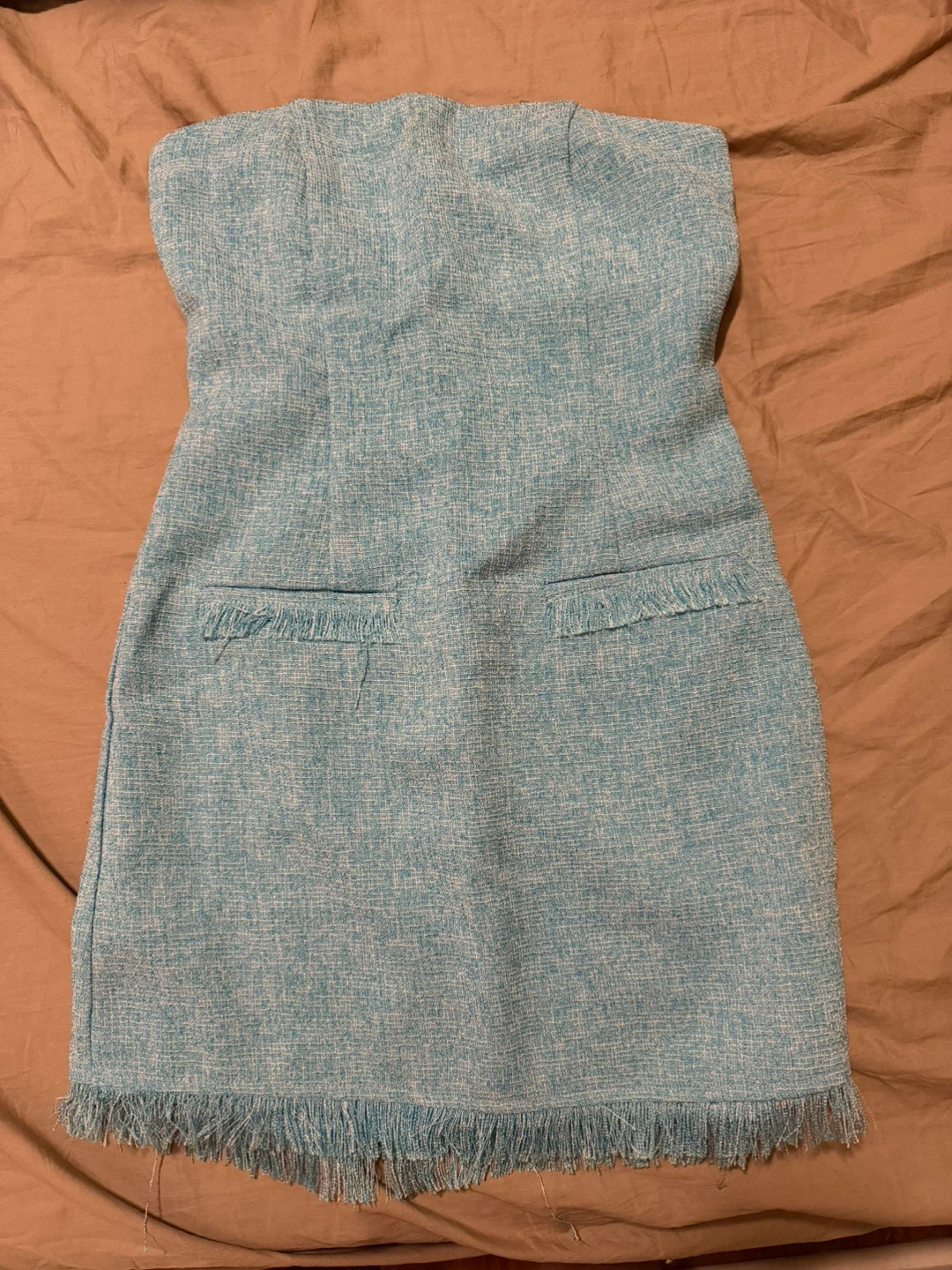 Light Blue Strapless Tweed Mini Dress with Fringed Hem