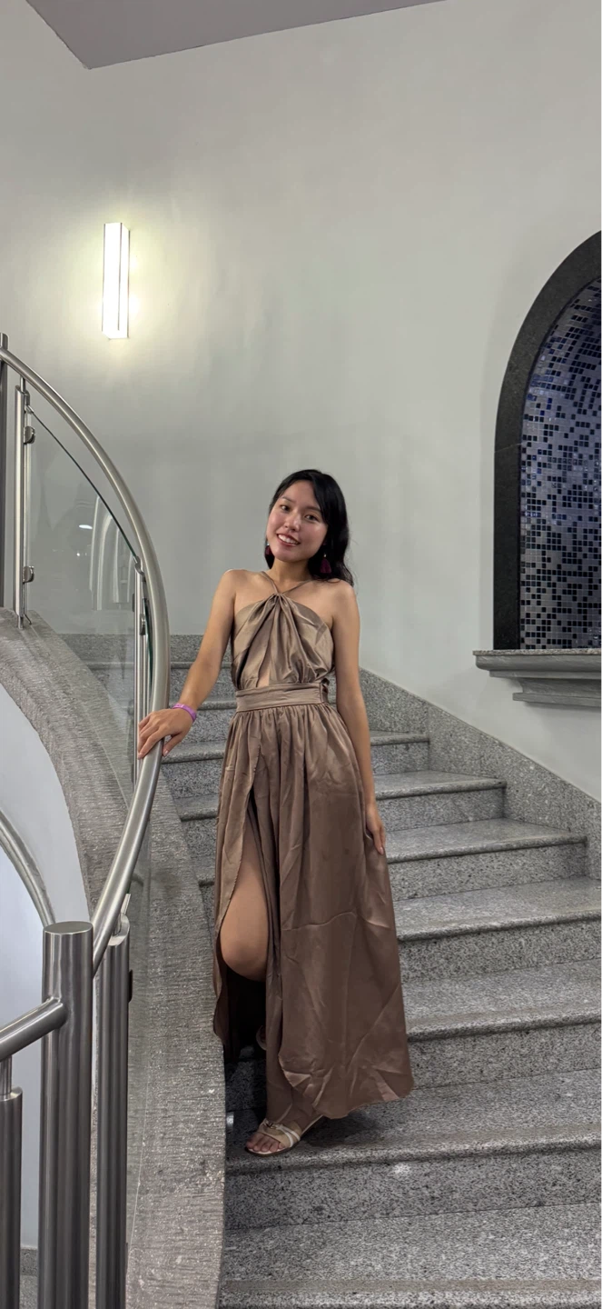 Long brown halter neck dress with slit