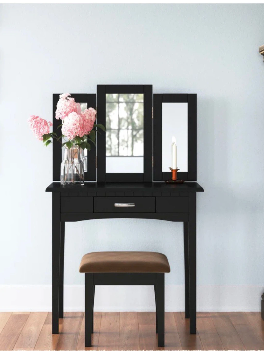 3-Piece Vanity Set with Tri-fold Mirror and Stool - photo 2