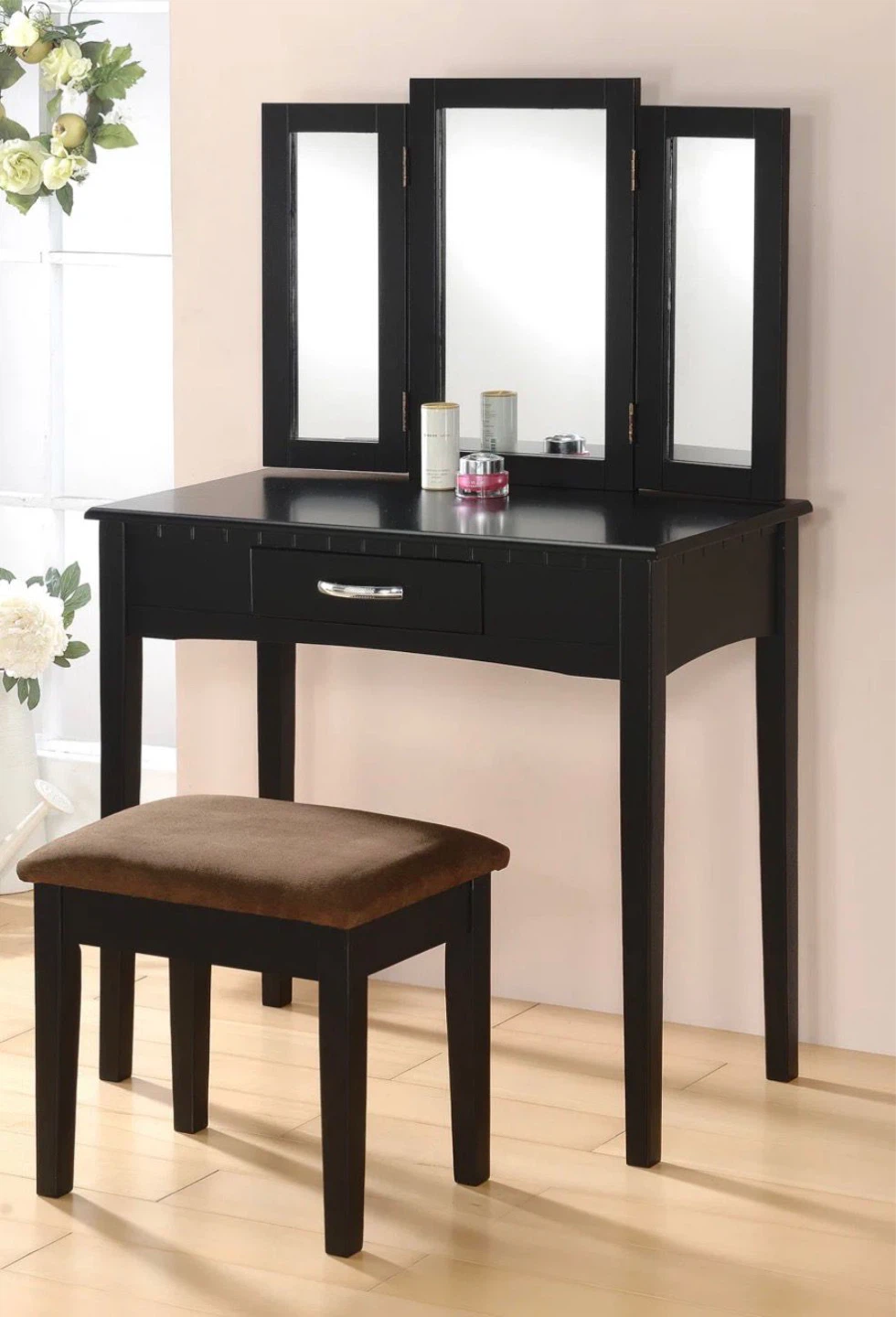 3-Piece Vanity Set with Tri-fold Mirror and Stool