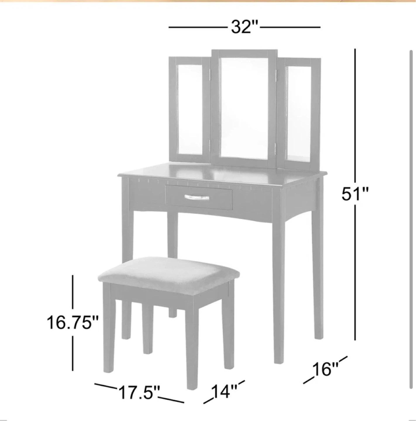3-Piece Vanity Set with Tri-fold Mirror and Stool - photo 3
