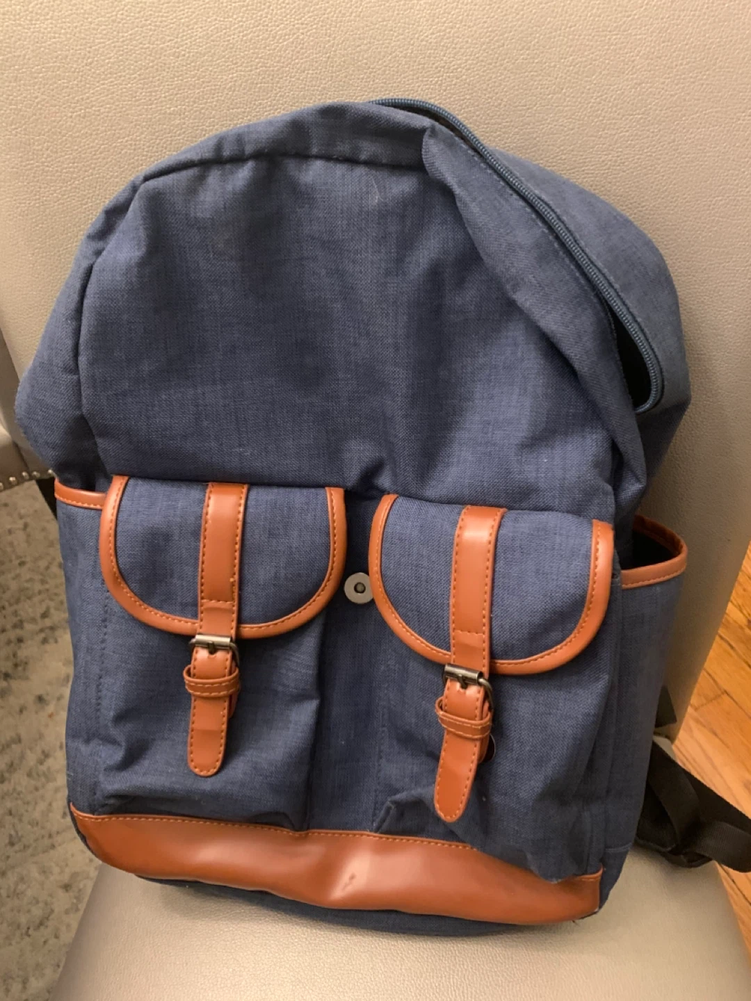 Blue Canvas Backpack with Brown Faux Leather Trim