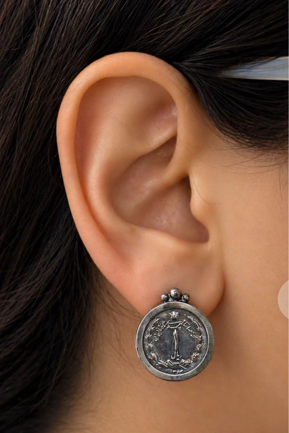Silver tone coin earrings with Persian coin design