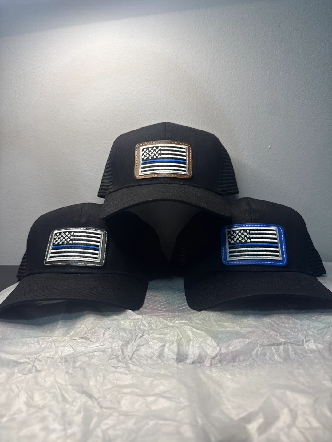 Black Trucker Hats with Thin Blue Line Flag Patch - Set of 3