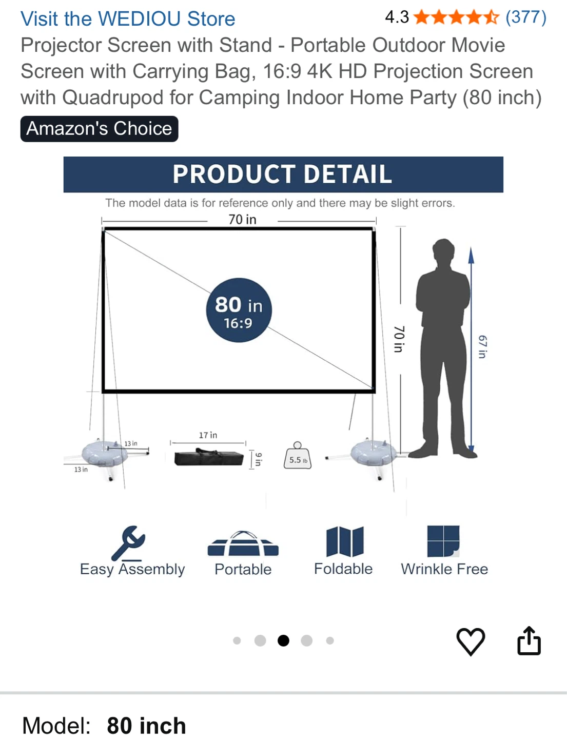 Wediou 80-inch Portable Projector Screen with Stand - photo 3