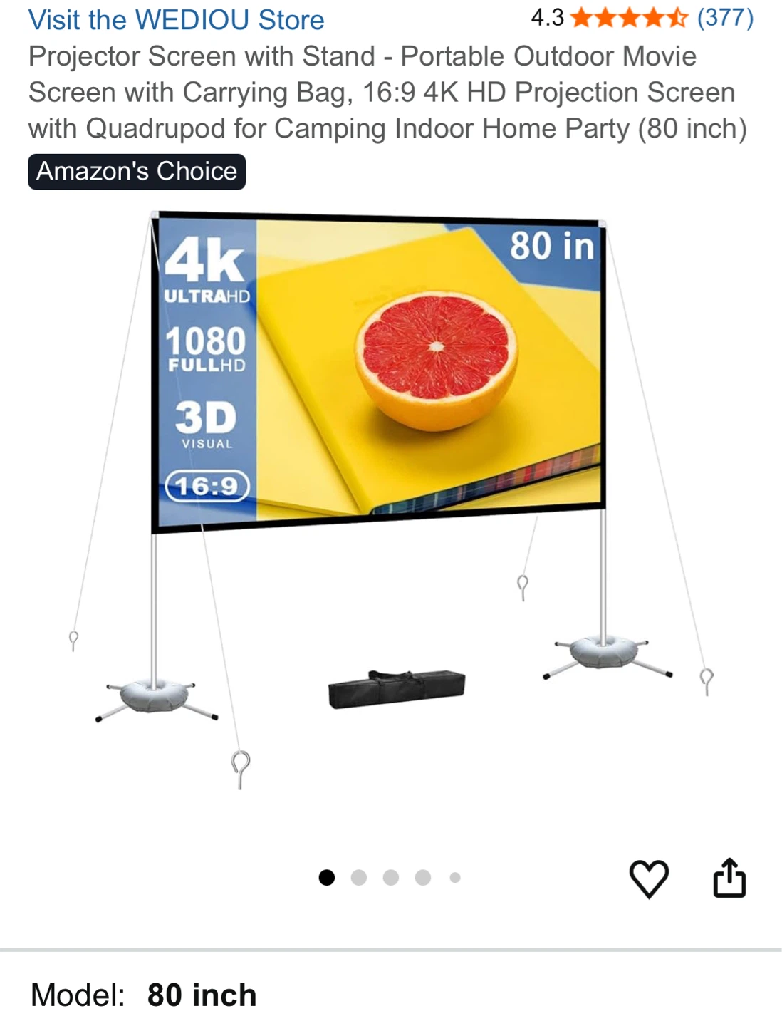 Wediou 80-inch Portable Projector Screen with Stand